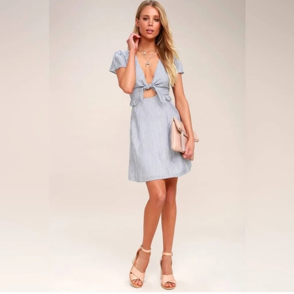 Lulus Seaport Blue White Stripe Tie Front Mini Dress Small - Picture 4 of 12